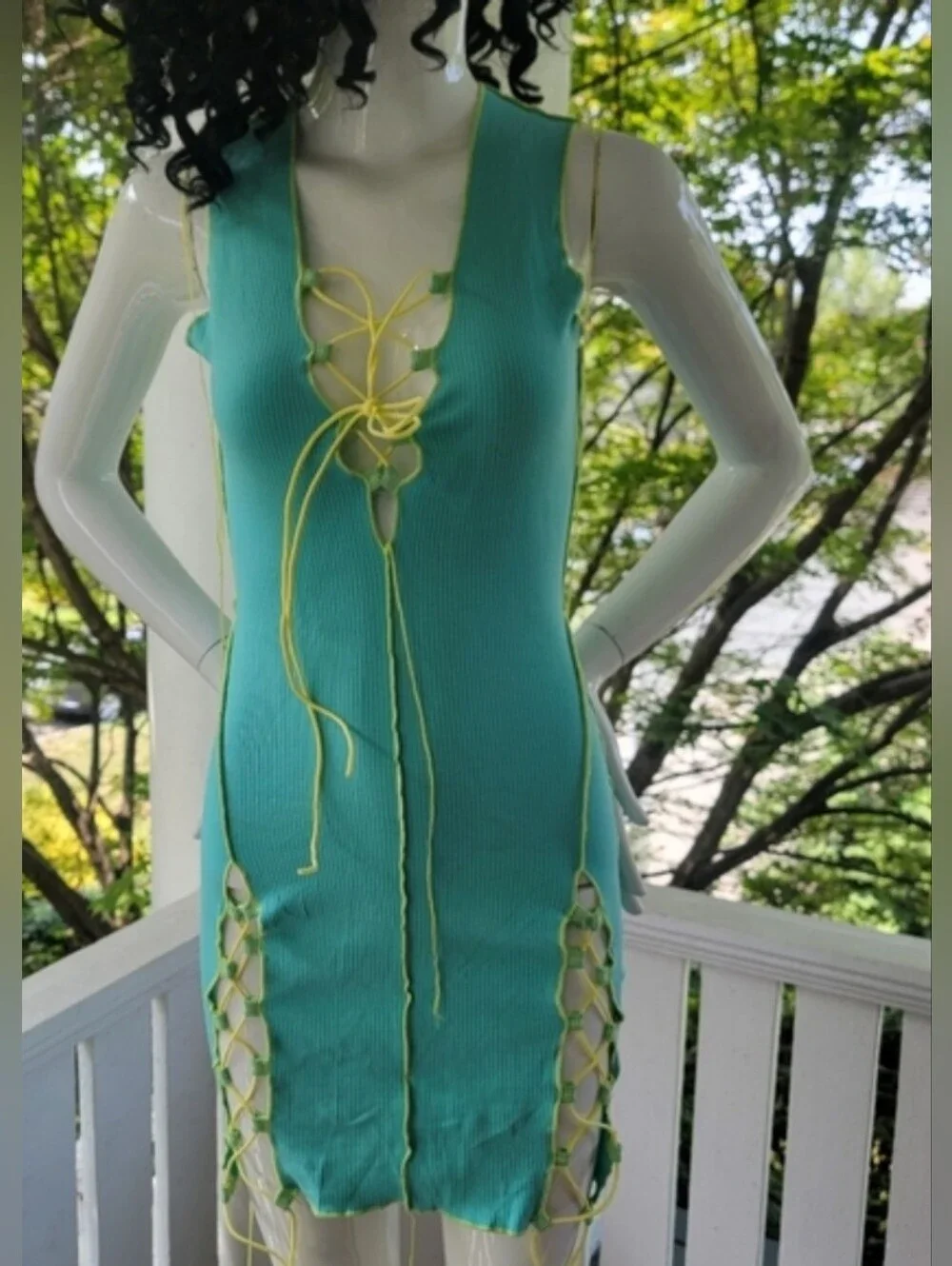 Sleeveless Aqua Lace-Up Bodycon Dress S